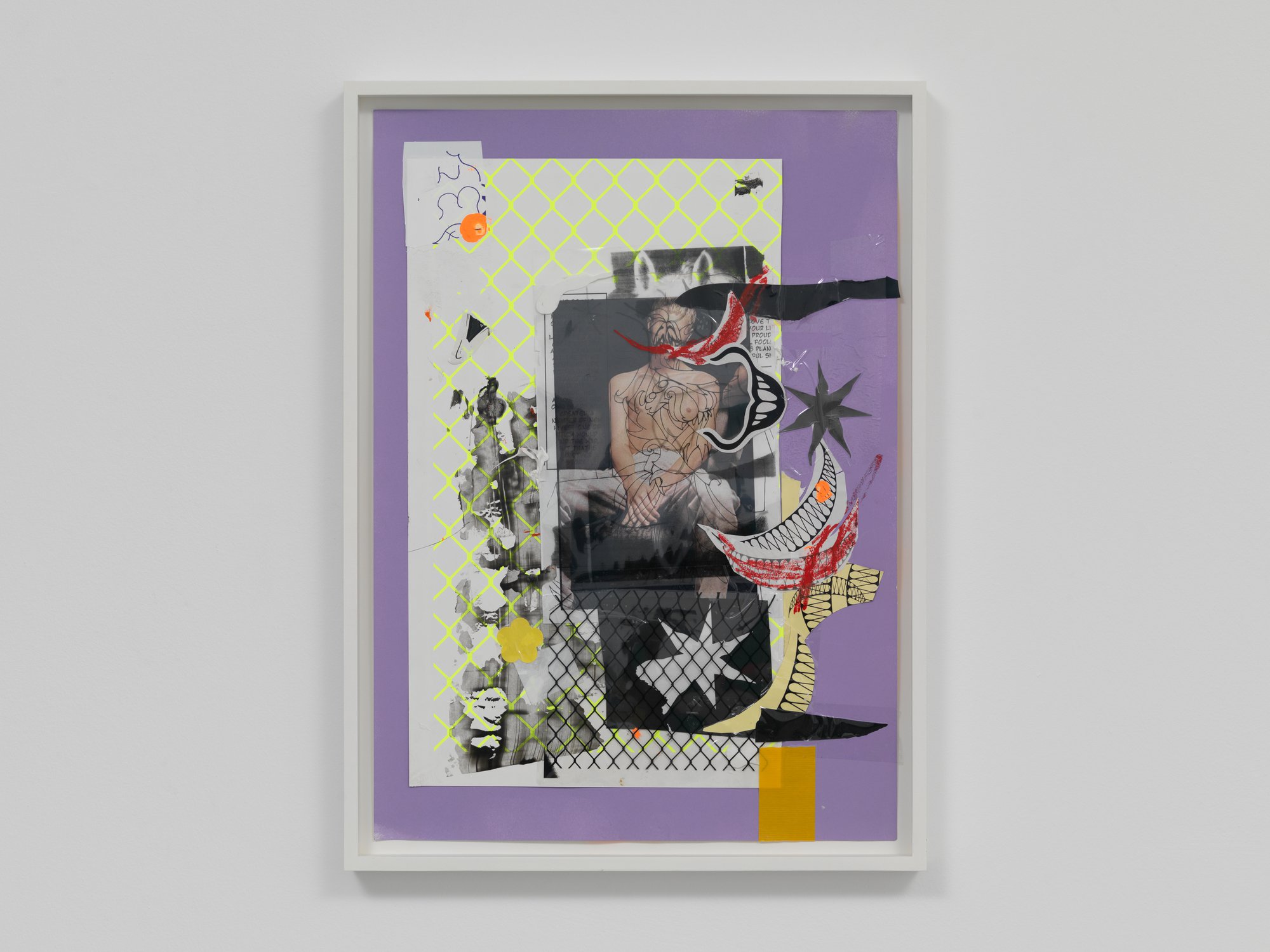 David Douard, UN’FOLD 9, screen printed paper, acrylic paint, xerox print, tape, letraset, 68.5 x 51 x 4.5 cm (framed), 2024.Installation view, David Douard, aura vamp’block’r, Rodeo, Piraeus, 2024