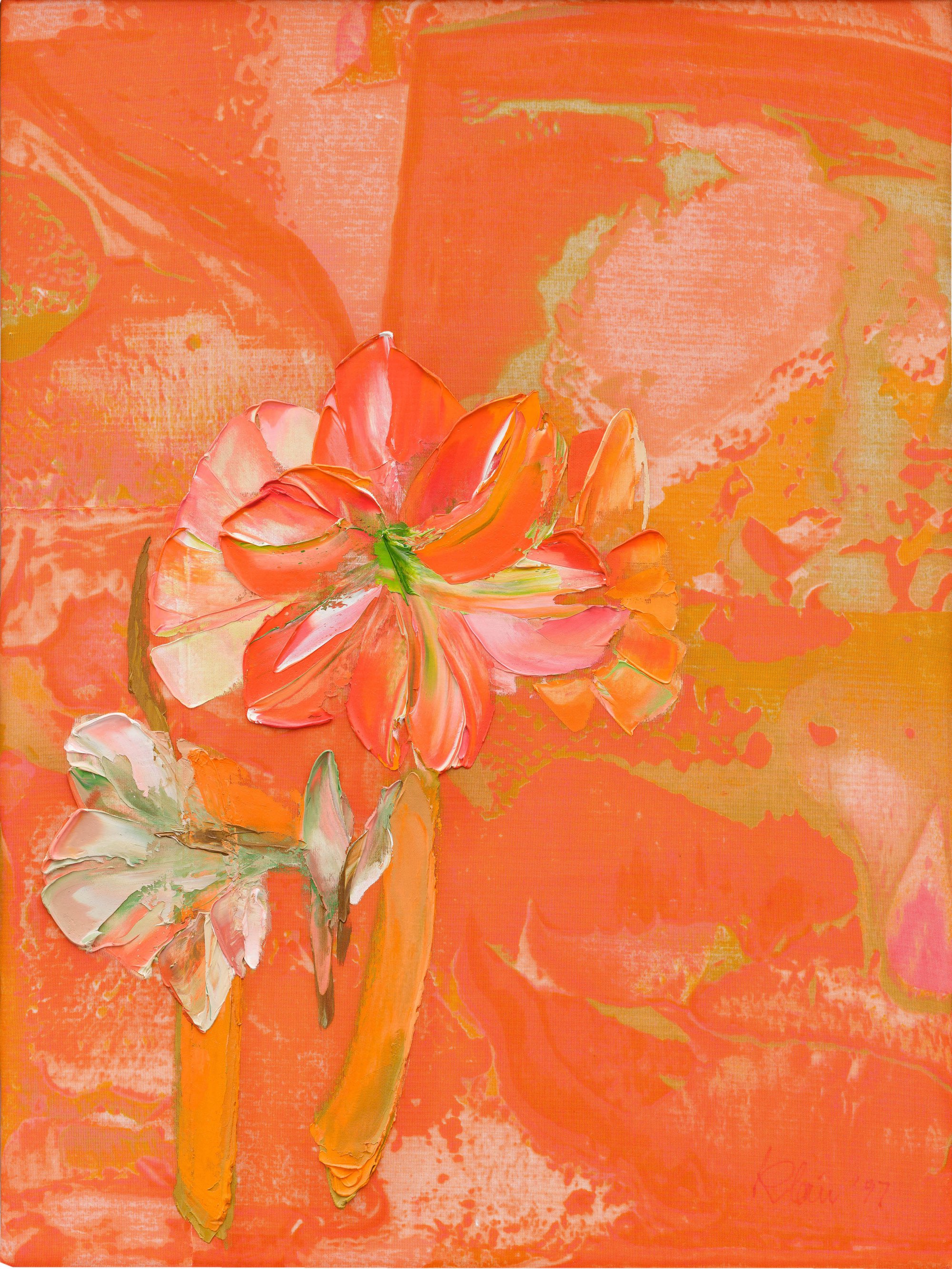 Bernat Klein, Orange Amaryllis, oil on screen printed knitted jersey polyester (Diolen), 66 x 51 cm (26 x 20 1/8 in), 1997