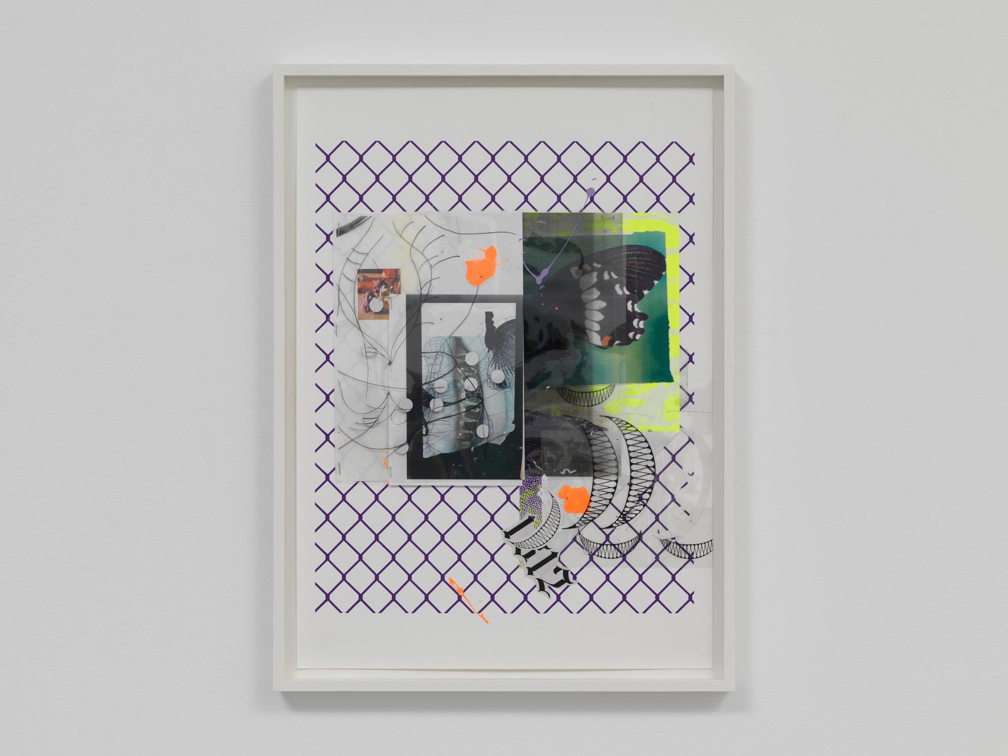 David Douard, UN’FOLD 3, Screen printed paper, acrylic paint, xerox print, tape, letraset, 68.5 x 51 x 4.5 cm (framed), 2024.Installation view, David Douard, aura vamp’block’r, Rodeo, Piraeus, 2024