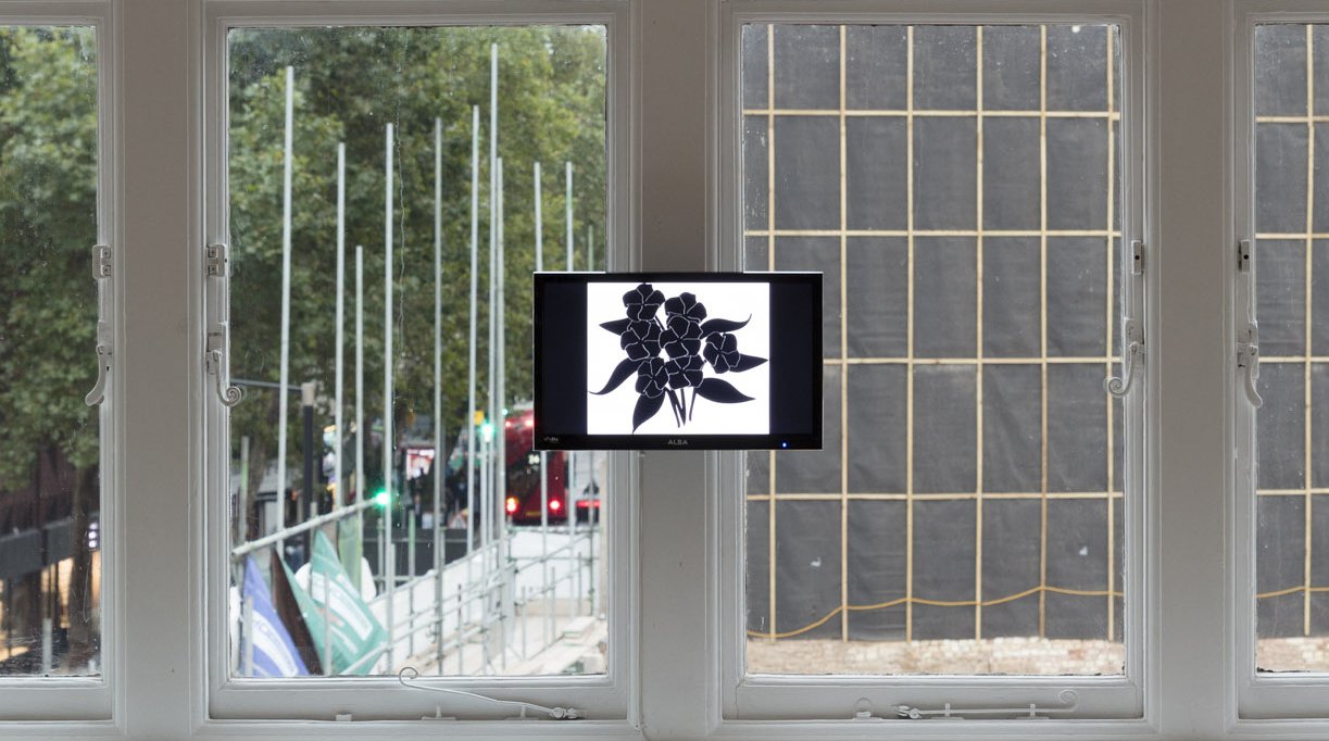 David Douard, BLOOD O’ US, detail, two channel sound installation, digital photographs, screen, plaster wall (300 x 38 x 230 cm - 118 1/8 x 15 x 90 1/2 in), two speakers, vinyl floor, 2017