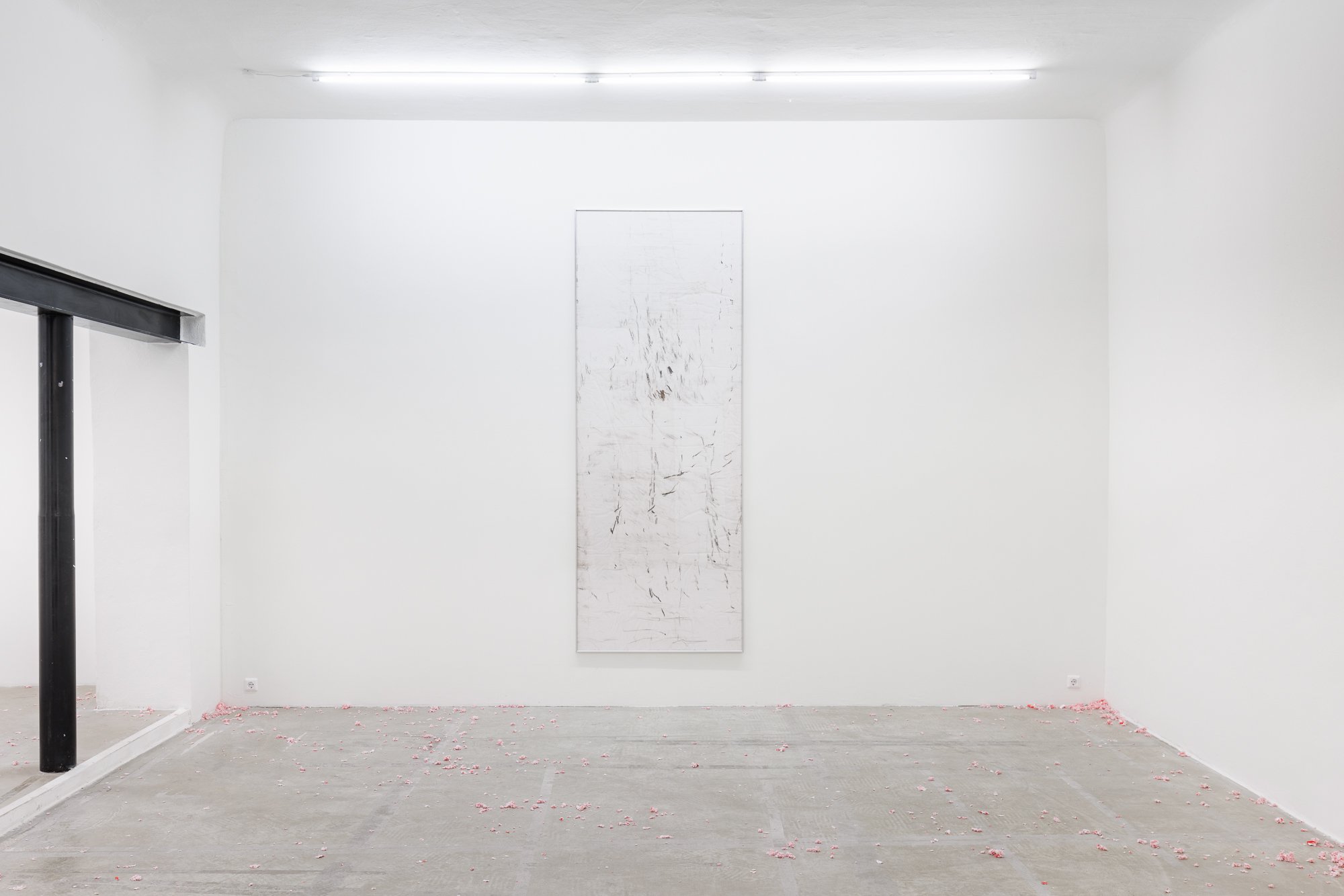 Iris Touliatou, untitled (adults), thermal paper, temperature transfers, various holders, various forces, various times, various locations, 250 x 104 x 4 cm (98 3/8 x 41 x 1 5/8 in), 2022.Installation view, Iris Touliatou, appendage, Grazer Kunstverein, Graz, 2022.