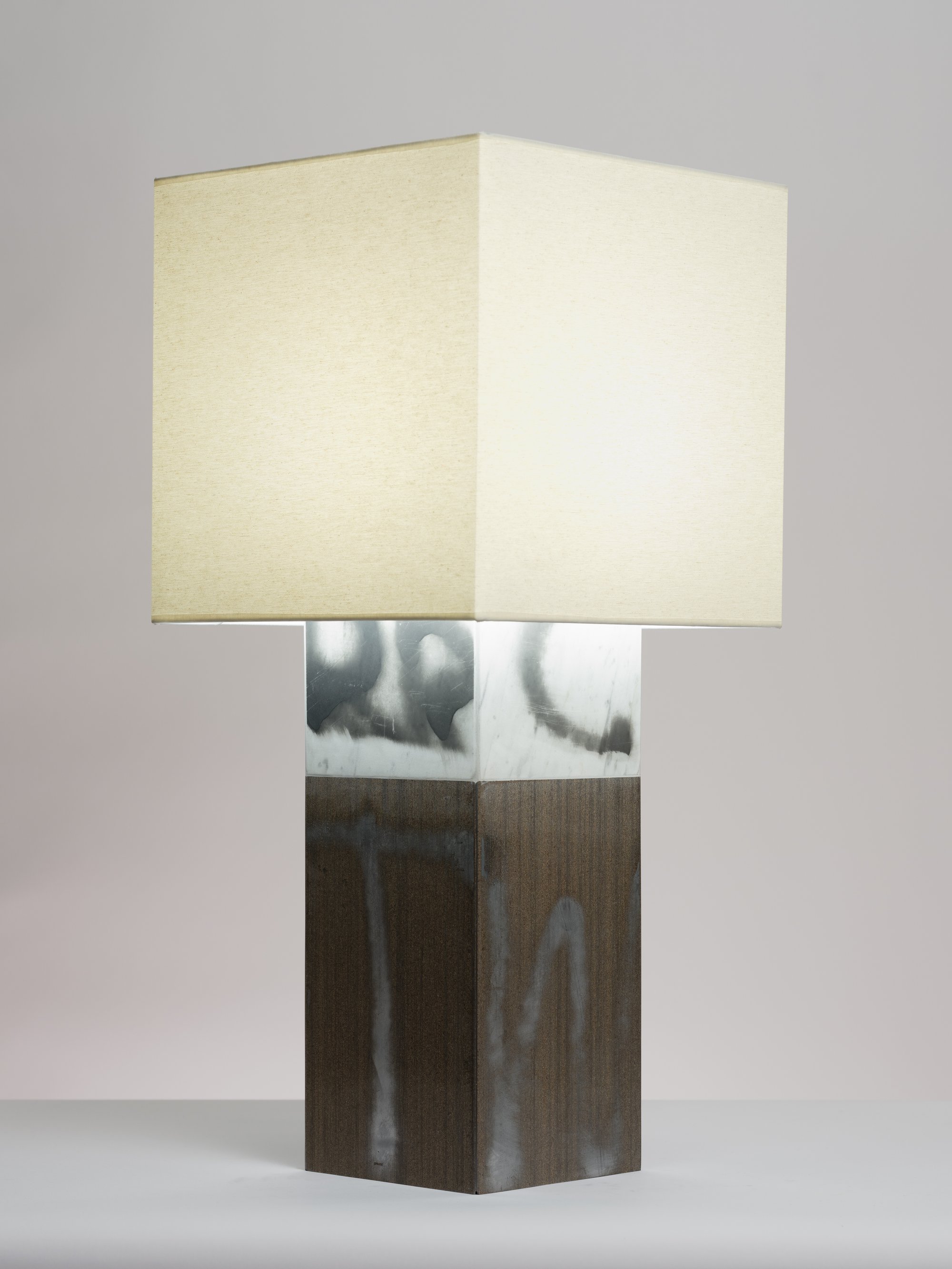 Christodoulos Panayiotou, Untitled, lamp, Carrara and Wenge marble base: 45 x 18 x 18 cm (17 3/4 x 7 1/8 x 7 1/8 in), Linetta fabric shade: 34 x 34.4 x 34.4 cm (13 3/8 x 13 1/2 x 13 1/2 in), light fitting, 2021