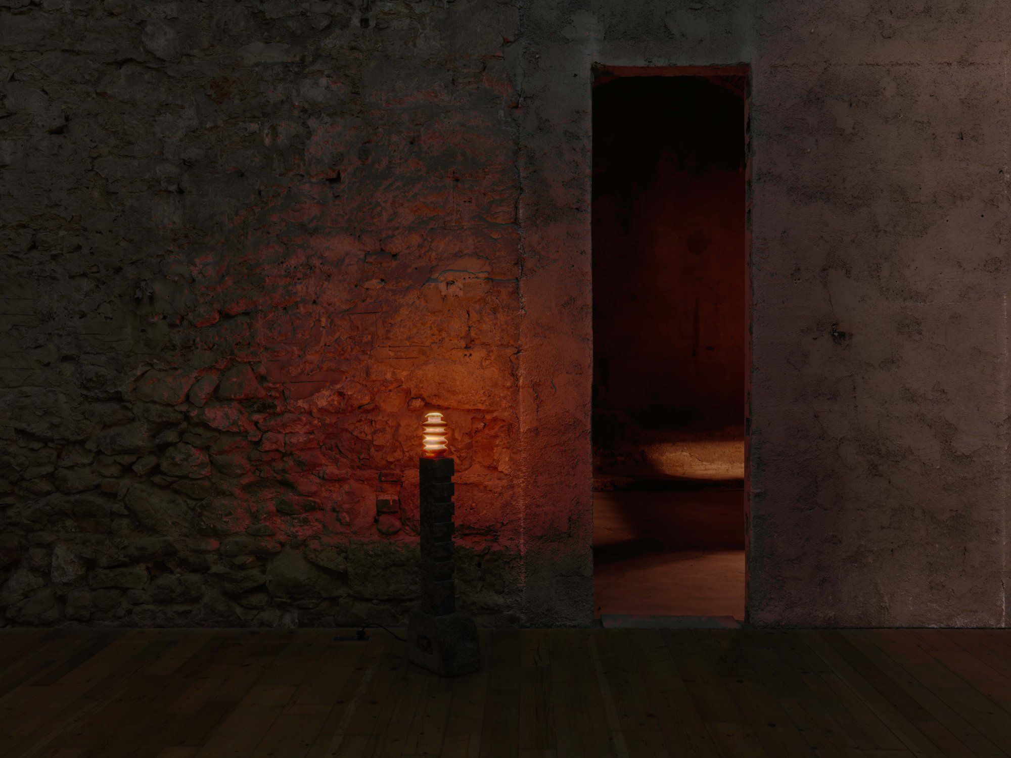 Thomas Hutton, Milarepa, 2025, Calcite alabaster and peperino tuff, 115 x 20 x 32 cm | 45 1/4 x 7 7/8 x 12 5/8 in
Installation view, Thomas Hutton, Night Heron, Sylvia Kouvali, Piraeus, 2025