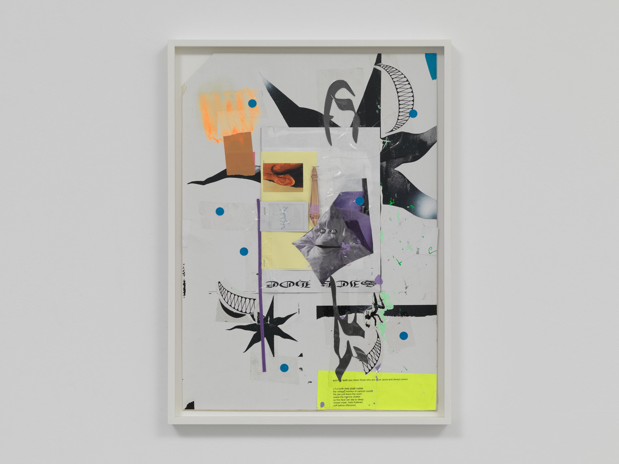 David Douard, UN’FOLD 14, screen printed paper, acrylic paint, xerox print, tape, letraset, 68.5 x 51 x 4.5 cm (framed), 2024.Installation view, David Douard, aura vamp’block’r, Rodeo, Piraeus, 2024