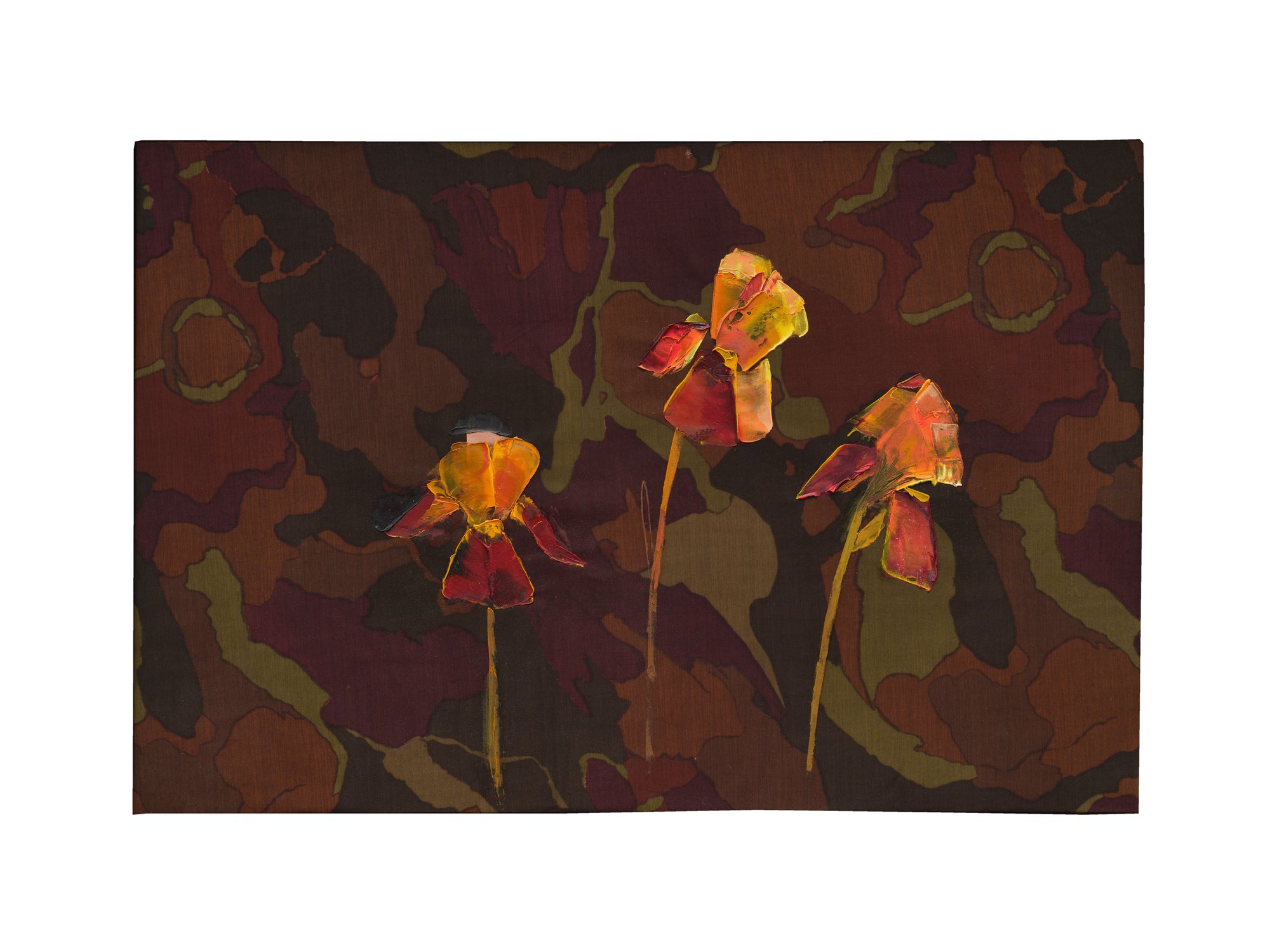 Bernat Klein, Three irises, oil on screen printed knitted jersey polyester (Diolen), 65 x 95.5 cm (25 5/8 x 37 5/8 in)