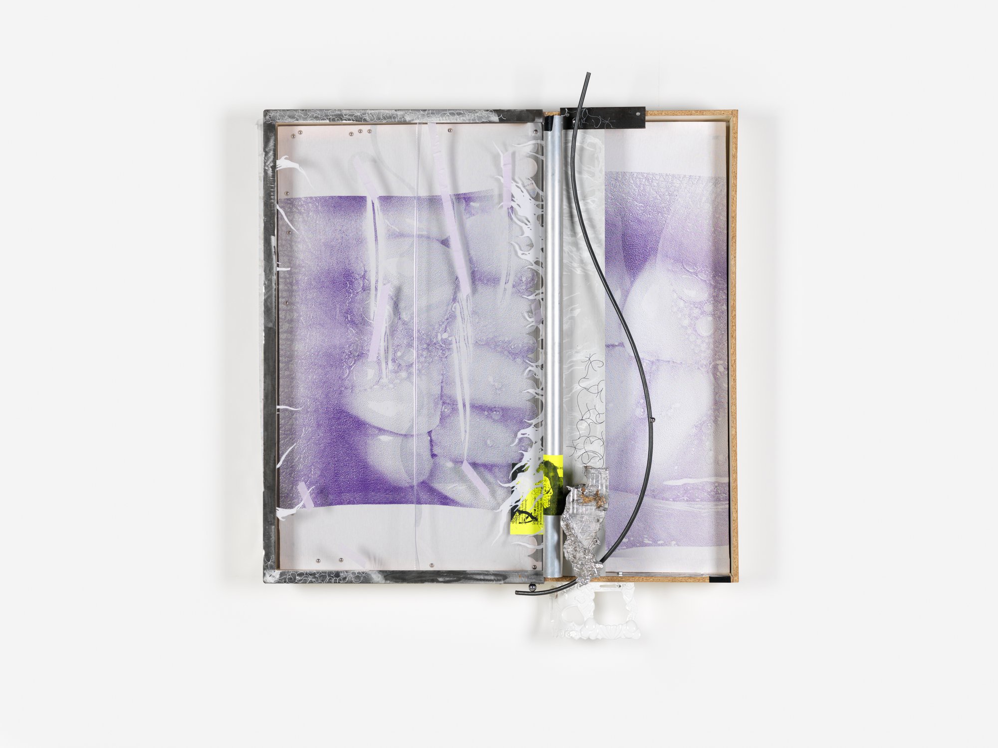 David Douard, EV’R 1, wood, silkscreen print, steel, aluminum, magnets, plastic sheeting, dollhouse, paper, 130 x 110 x 30 cm (51 1/8 x 43 1/4 x 11 3/4 in), 2021