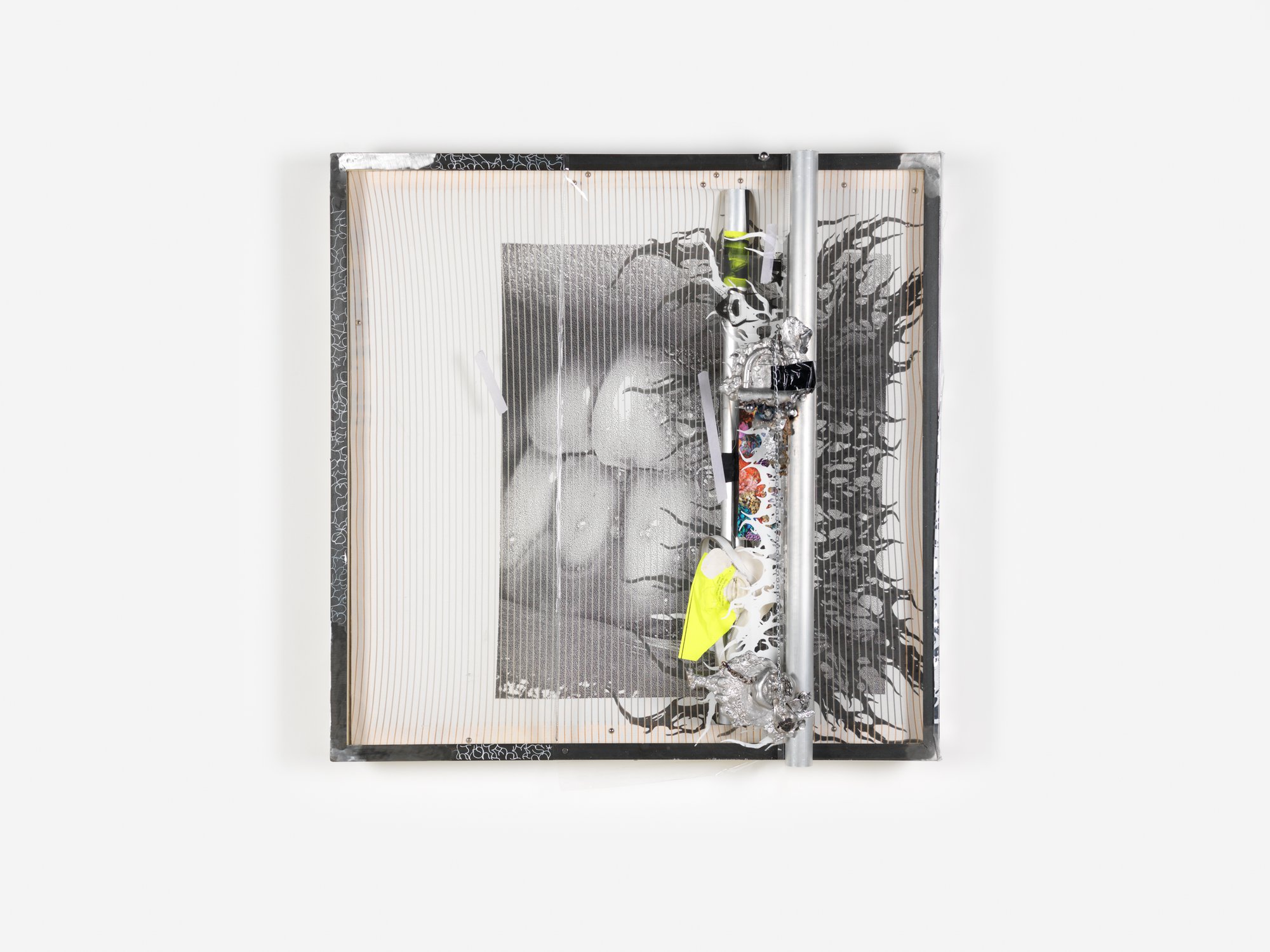 David Douard, EV’R 4, wood, silkscreen print, steel, aluminum, magnets, plastic sheeting, plaster, paper, 110 x 110 x 20 cm (43 1/4 x 43 1/4 x 7 7/8 in), 2021