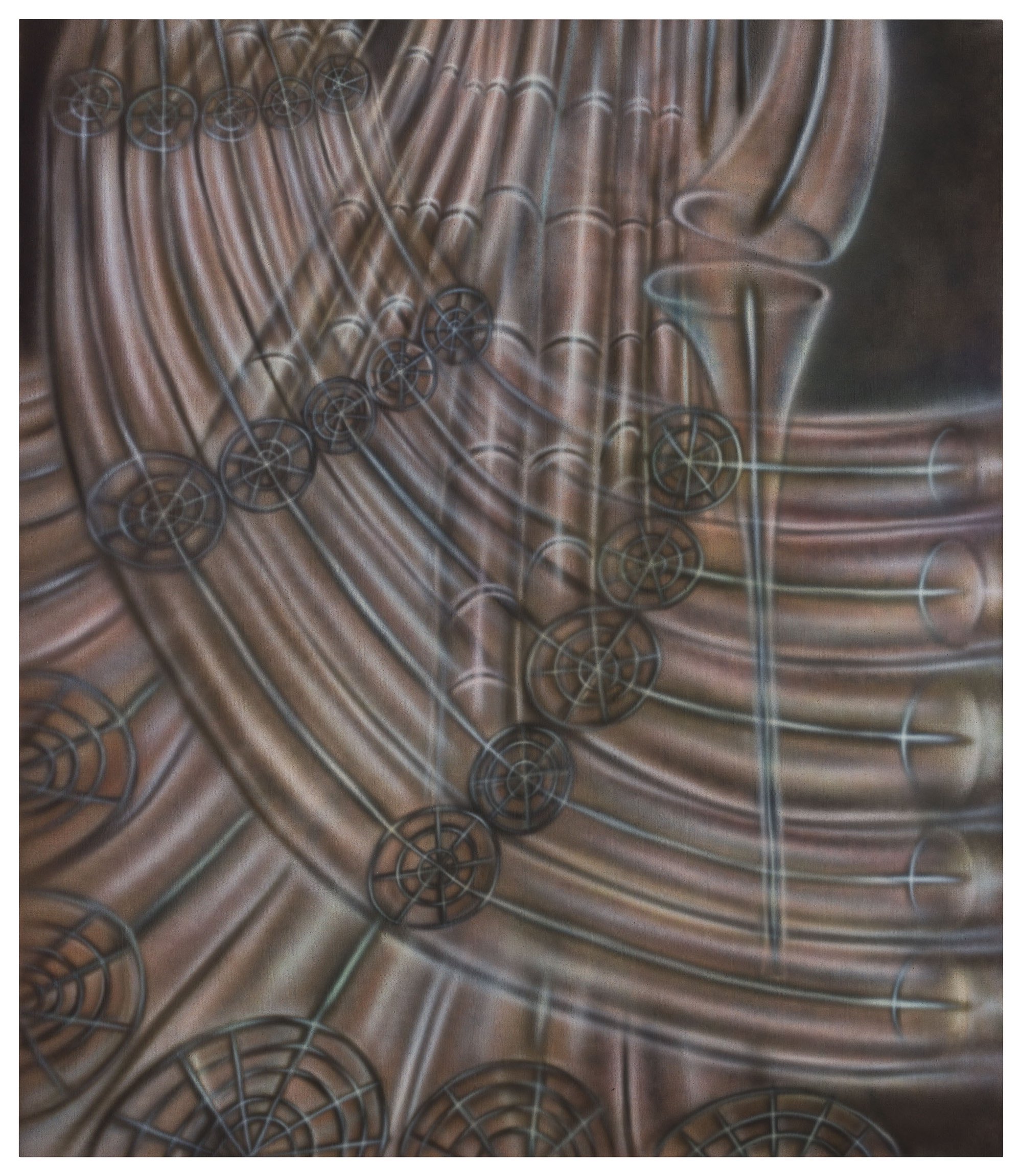 Veronika Hapchenko, reconstruction (forearms), acrylic and ink on canvas, 350 x 160 cm, 2024