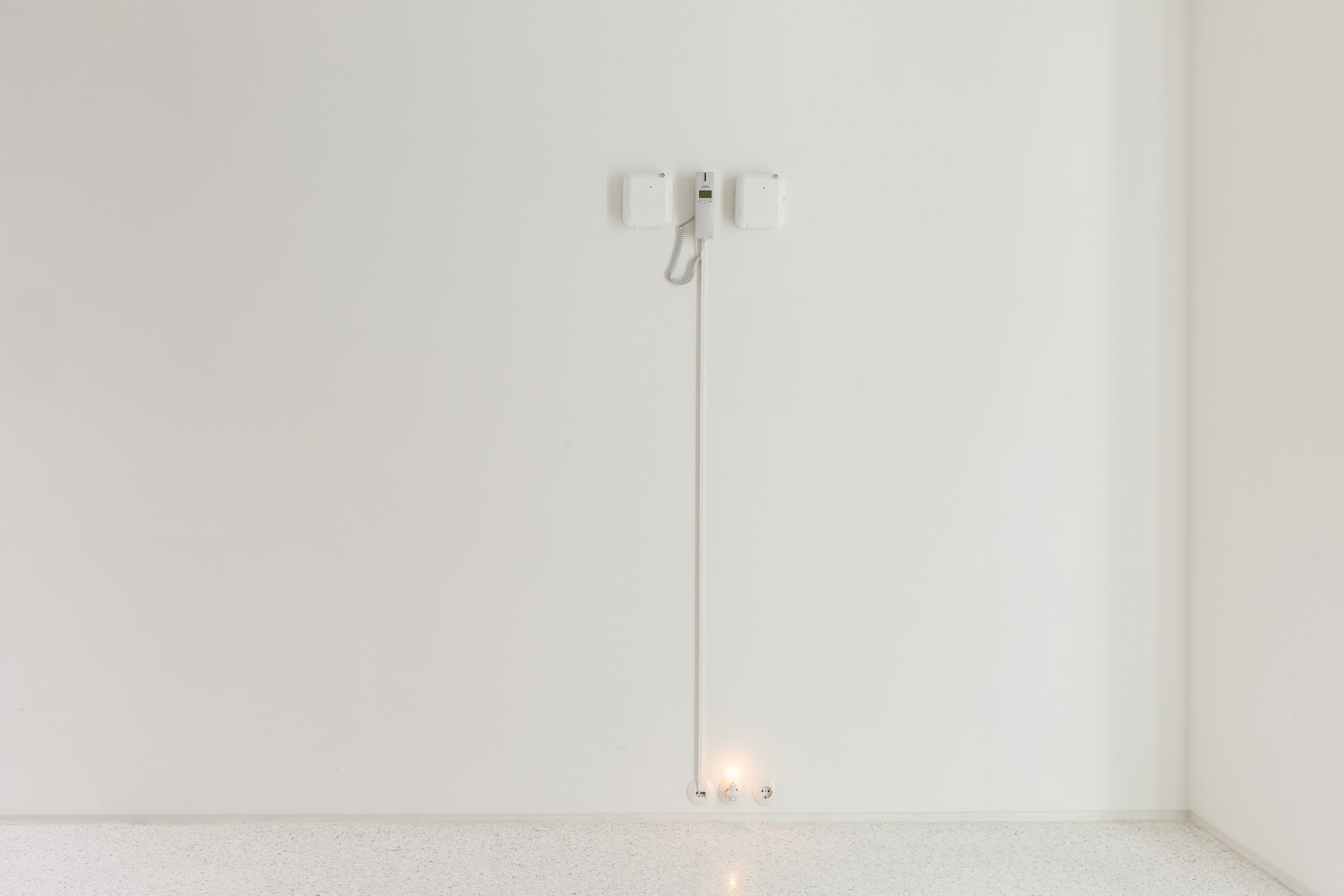 Iris Touliatou, Cures for know fears, Cures for unknown fears (II), intelligent scent diffusers, I/II 100 ml each, cycles, yellow night light, dimensions variable, 2021.Iris Touliatou, Untitled (Diversion), telephone device, forwarded calls, phone memory, 2021. Installation view, Lives of an object, ARCH ATHENS, Athens, 2021