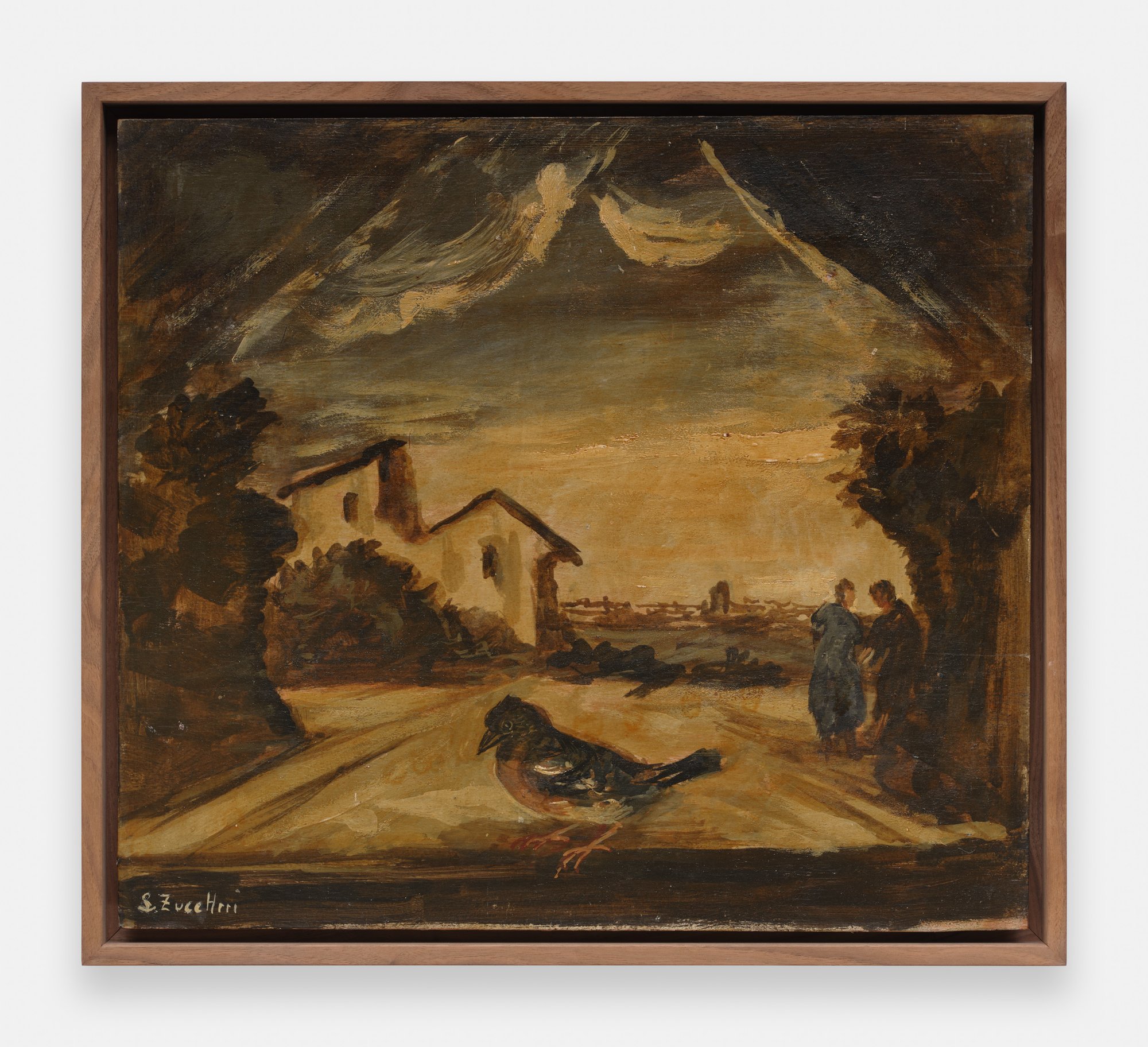 Luigi Zuccheri, Paesaggio con ghiandaia e figure umane, 1955/1965, Tempera on wood, 43.5 x 48.5 cm | 17 1/8 x 19 1/8 in
