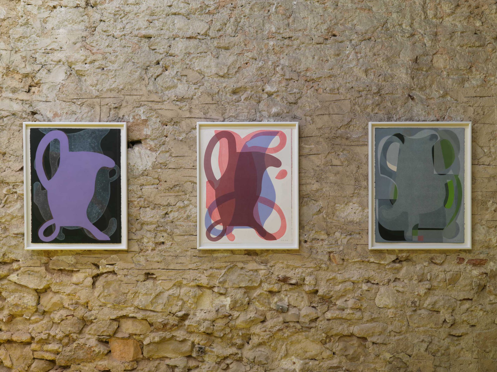 Ulrike Müller, A Pitcher, monotype with pochoir, printed with 10 Grand Press in Santa Fe, 73.7 x 56.5 cm (29 x 22 1/4 in), 2018 (left)Ulrike Müller, Popij, monotype, printed with 10 Grand Press in Santa Fe, NM, 73.7 x 56.5 cm (29 x 22 1/4 in), 2018 (middle)Ulrike Müller, Pantry, monotype with chine collé, printed with 10 Grand Press in Santa Fe, NM, 73.7 x 56.5 cm (29 x 22 1/4 in), 2018 (right)