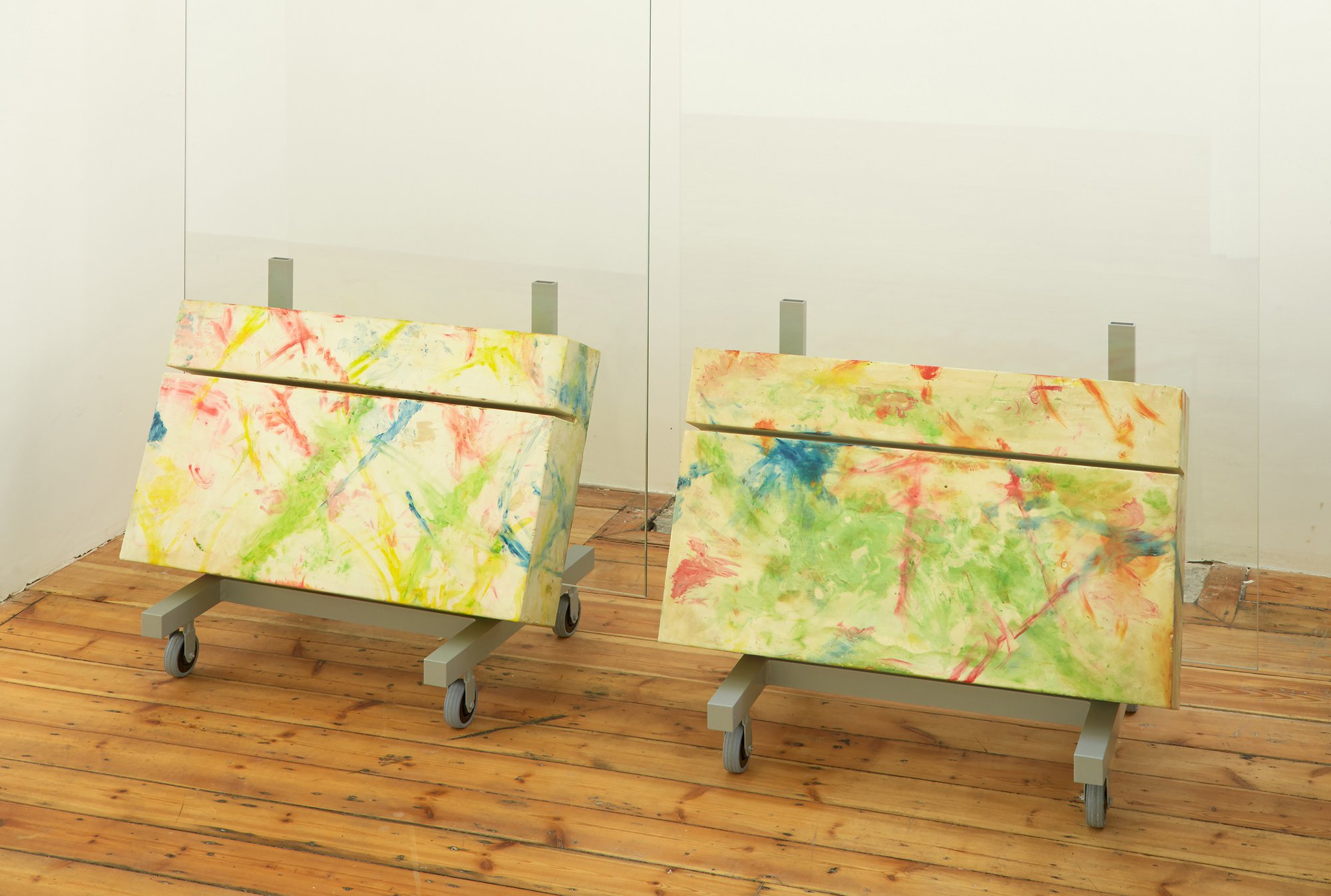 Shahryar Nashat, Base Gone Rogue #2 (R), Base Gone Rogue #3 (L), plaster, aluminium, glass, 173 x 75 x 45 cm each (68 1/8 x 29 1/2 x 17 3/4 in each), 2014