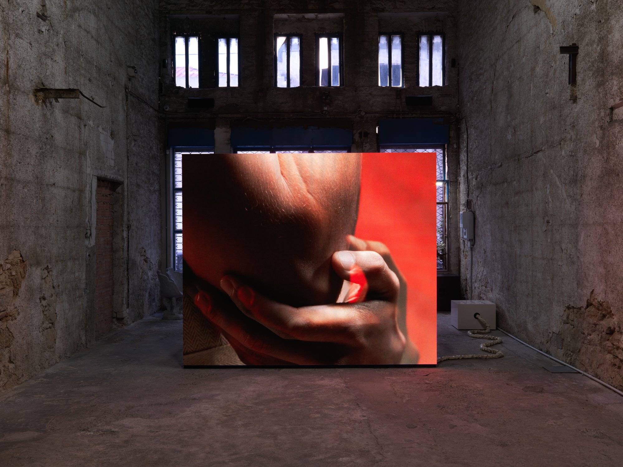 Shahryar Nashat, Keep Begging, still, HD video, colour, and sound, 11 min. 10 sec., 2019. Installation view, Keep Begging, Rodeo, Piraeus, 2019