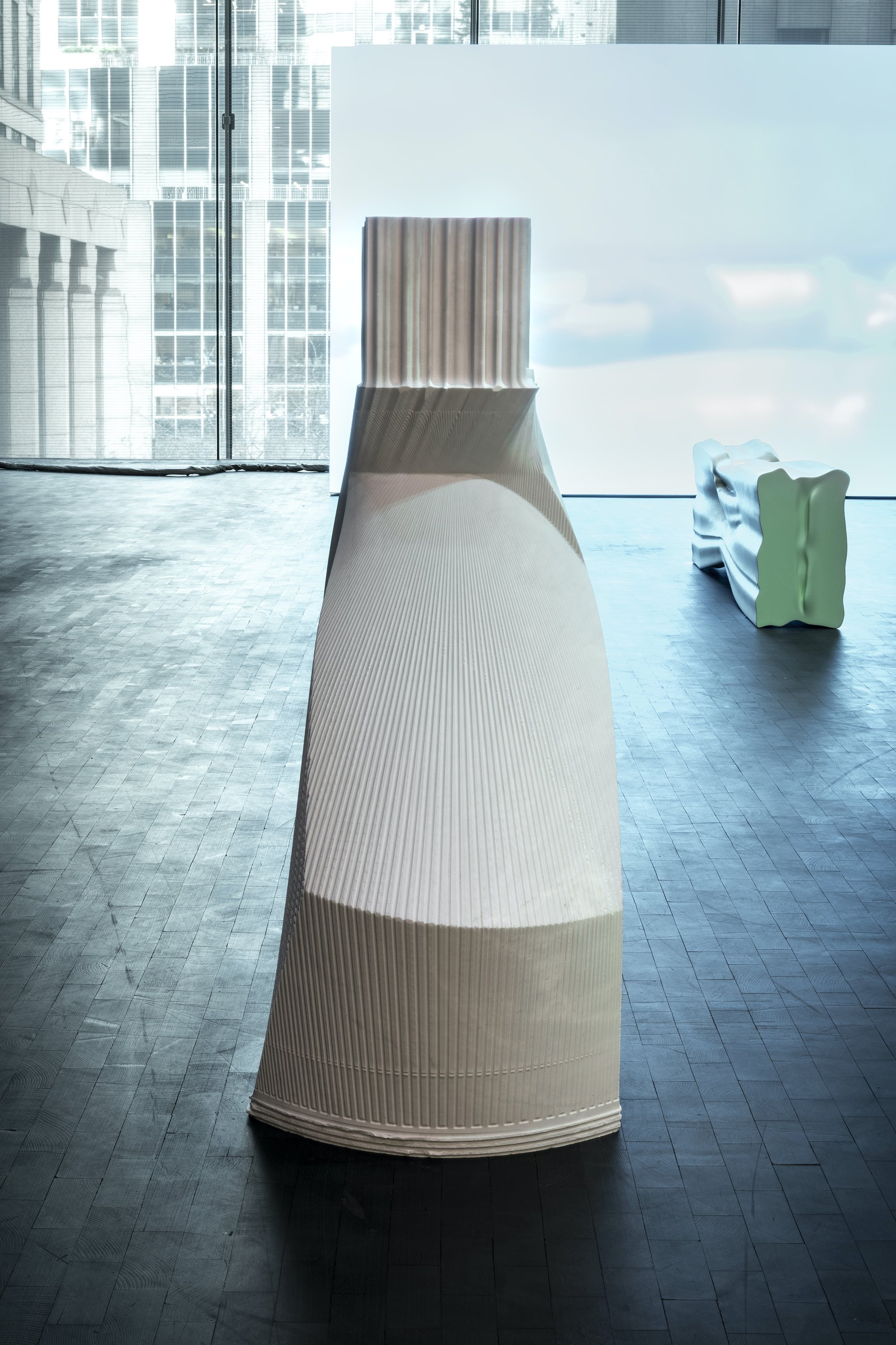 Shahryar Nashat, Brain (are you nervous in this system), marble, 57.5 x 64.7 x 140 cm, 2020. Installation view, Force Life, MoMA, New York, 2020