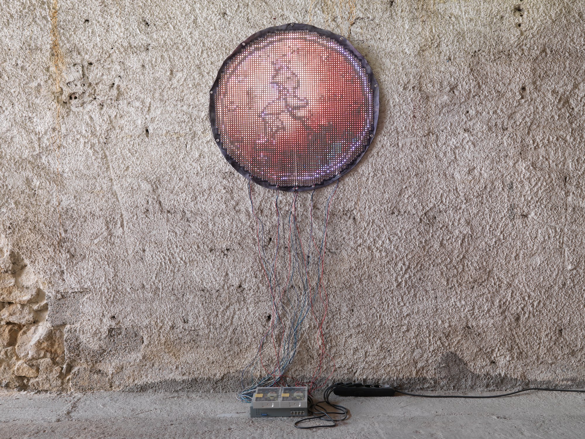 Ei Arakawa, Lives of Performers (Duration: 45 min &amp; approx. 20 hours on preparation, Honorarium: 1,450 EUR, 1.16 EUR per minute), 4364 LED (WS2813 100/m black) on hand‐dyed fabric with grommets, 1 T300‐K Controller, 1 SD card (2GB), with 1 LedEdit 2014 data (.led), 2 5V40A power supplies with 22 AWG stranded wire, 80 cm diameter (31 1/2 in diameter), 2020