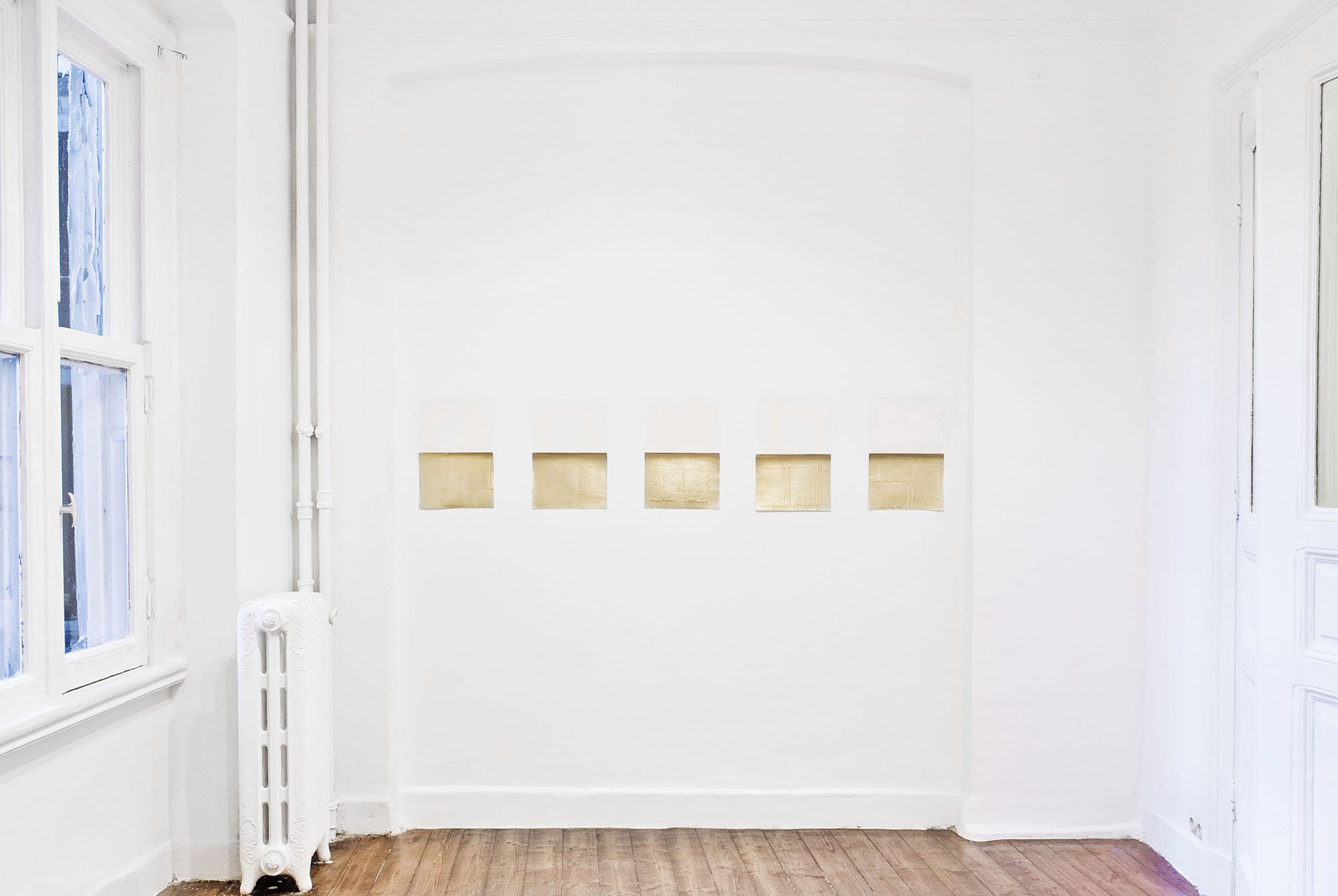 Eftihis Patsourakis, The Permanence of Change #1–5, gold leaf on used photo album transparency, 2012