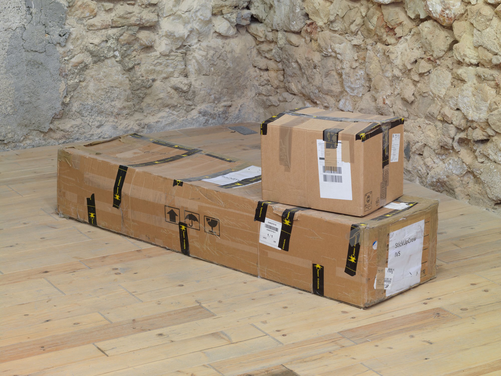 Sidsel Meineche Hansen, Untitled, two cardboard boxes. Order delivered from WM Dolls, Songshan China and Doll House (StickUpCrew IVS) Viby J; Denmark, 41 x 32 x 29 cm and 161 x 44 x 31 cm (16 1/8 x 12 5/8 x 11 3/8 in and 63 3/8 x 17 3/8 x 12 1/4 in), 2018