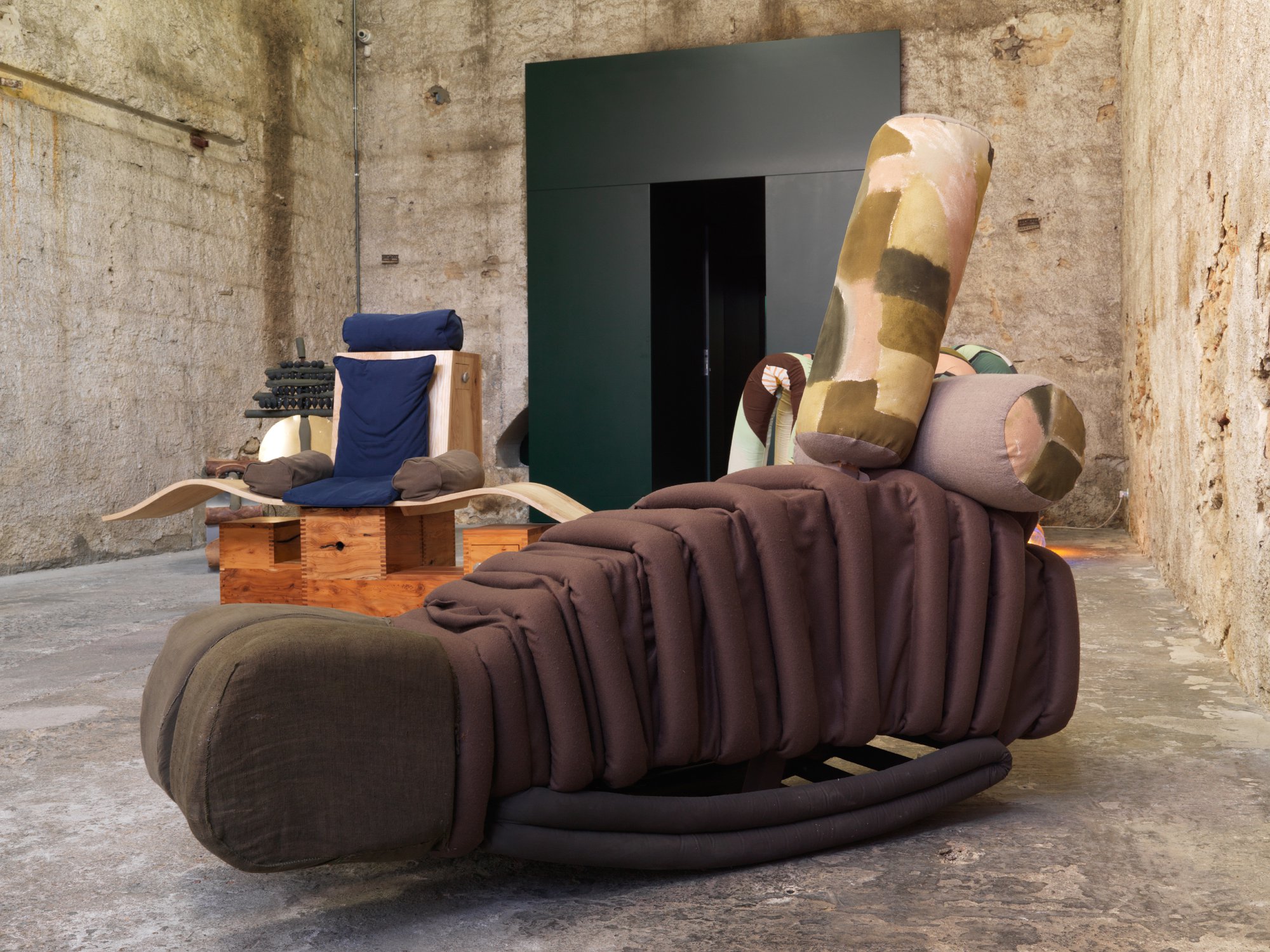 Tamara Henderson, Eye, wood, Iyengar back bender, yoga blocks, bolsters, textiles, cushion, 140 x 65 x 160 cm (55 1/8 x 25 5/8 x 63 in), 2018