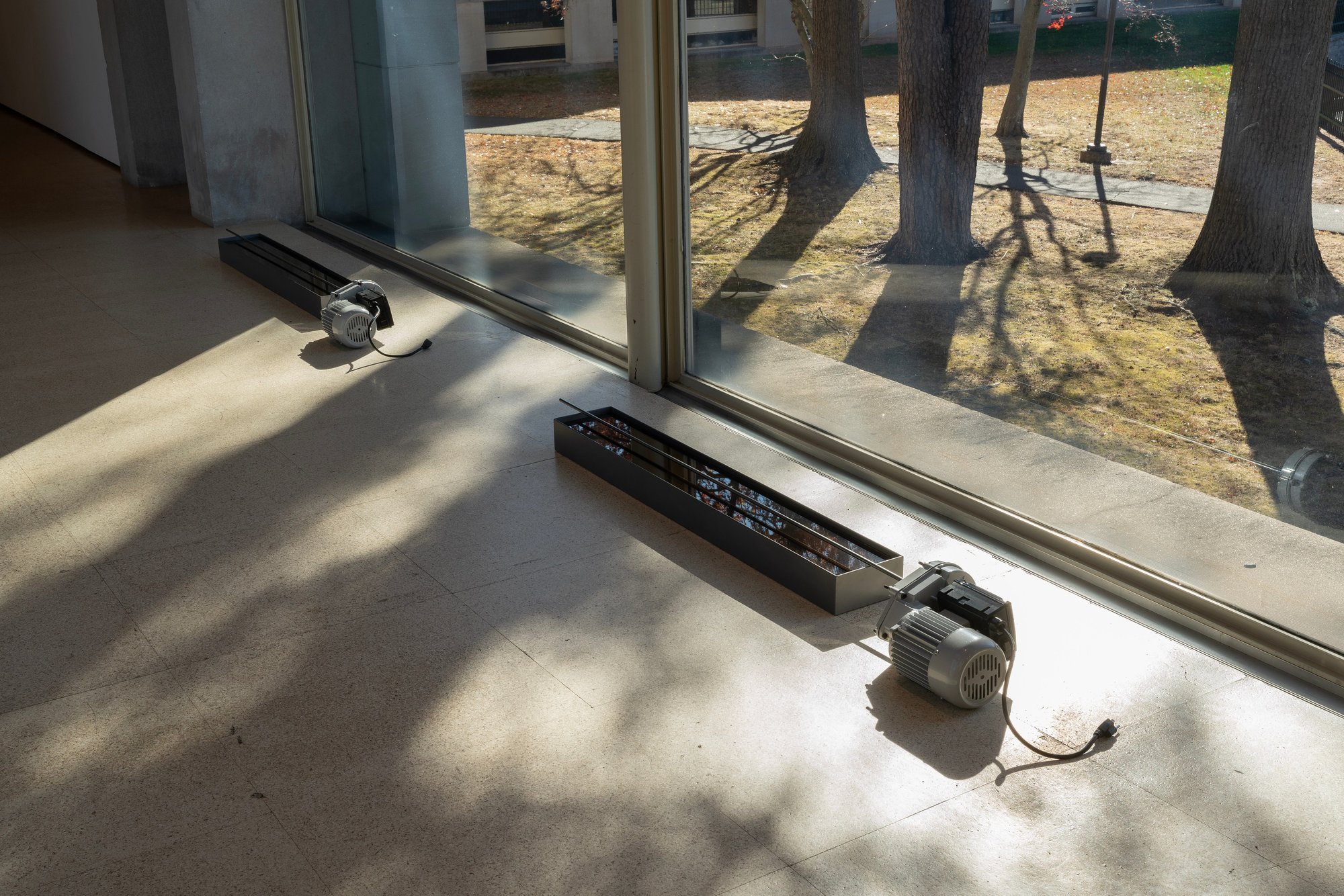 Grant Mooney, Deisal c. i,ii, 2024, rotary motor, steel, glass, polyurethane, iron, water, 203 x 30.5 x 25.5 cm (each)
Installation view, calsis, Ezra and Cecile Zilkha Gallery, Middletown, 2024