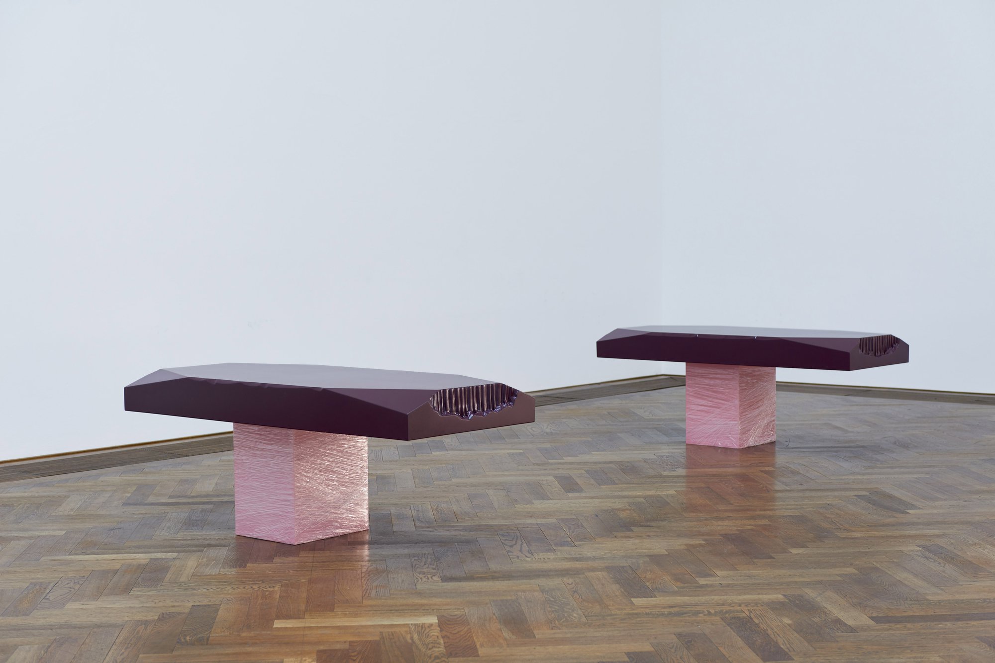 Shahryar Nashat, (R) Cold Horizontal (IMAGE), (L) Cold Horizontal (BODY), fiberglass, steel, synthetic polymer, 71 x 178 x 77 cm each (28 x 70 1/8 x 30 1/4 in each), 2017. Installation view, Shahryar Nashat: The Cold Horizontals, Kunsthalle Basel, Basel, 2017